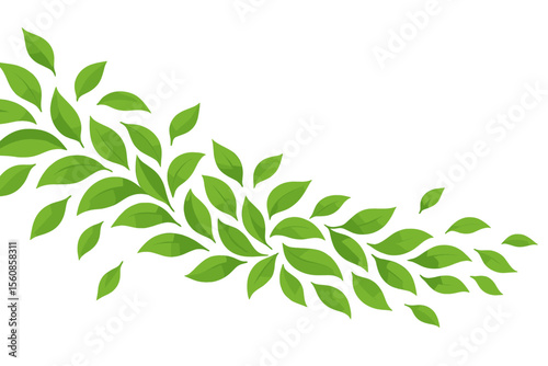 Vector illustration of green flying leaves on a long white banner with a falling leaf, wave foliage ornament, and cosmetic pattern border, symbolizing ecology, eco, and organic design elements for a