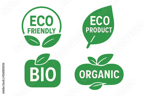 Vector illustration of a collection of eco-friendly green badges, suitable for use as a design element in packaging design and promotional materials