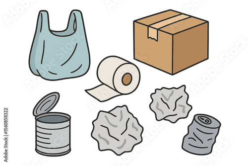 A set of varied garbage clipart featuring simple vector designs of common trash items, including a plastic bag, cardboard box, toilet paper roll, and tin cans, all presented in a cartoonish doodle
