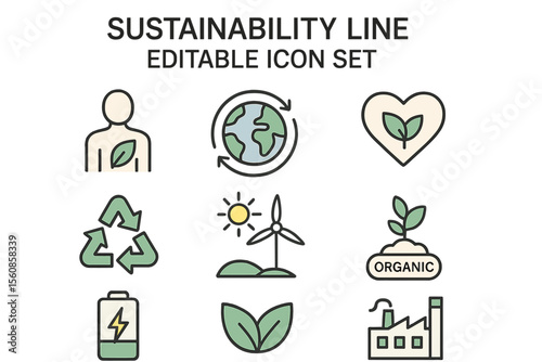 Editable icon set for sustainability, featuring environmental, ecological, recycling, green, organic, and industry themes, with vector illustration and customizable stroke