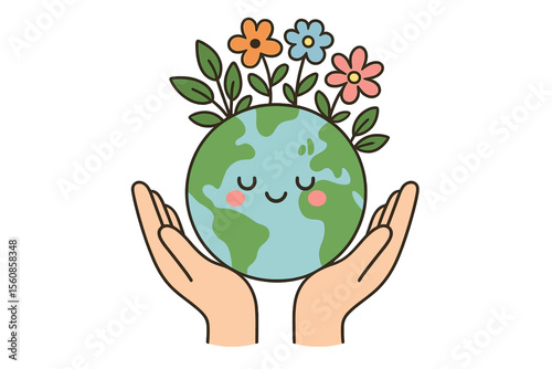 Illustration of Vector hands cradling the earth with flowers, symbolizing a cute planet on Earth Day, represented by an environment-friendly icon of the globe, embodying a cute ecological concept