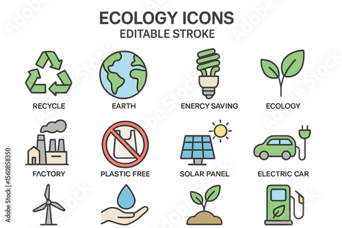 Ecology line icons are depicted on a transparent background with an editable stroke