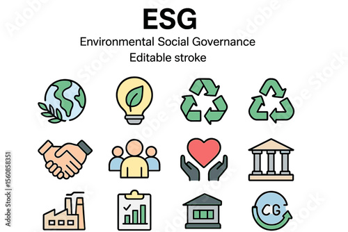 ESG Environmental Social Governance concept editable stroke outline icons set isolated on white background flat vector illustration, pixel perfect at 64 x 64 resolution