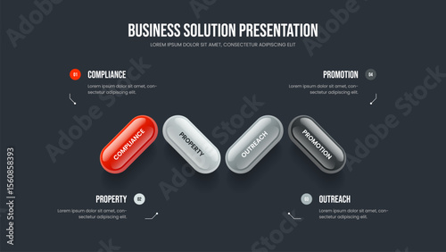 Service Overview 4 Step Diagram Presentation Design. Enterprise Introduction Frame Template Vector Illustration. Product Analysis Four Element Infographic Slide Layout.