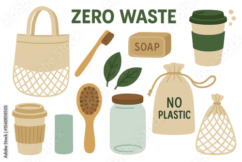 Vector illustration of zero waste items for eco friendly living isolated on white background
