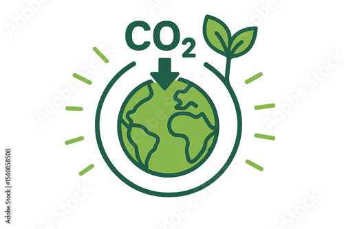 Concept of Co2 icon for reduction of co2 emissions to combat climate change, set against a green world energy background, as part of an environmental protection vector illustrator set