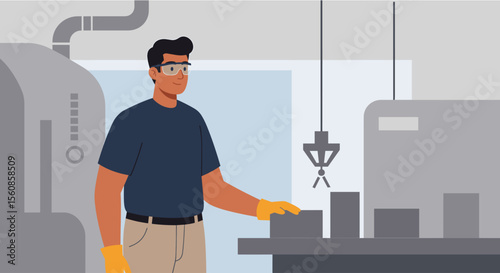 An illustration depicts a male engineer wearing safety glasses and gloves, overseeing automated machinery in a modern factory setting.