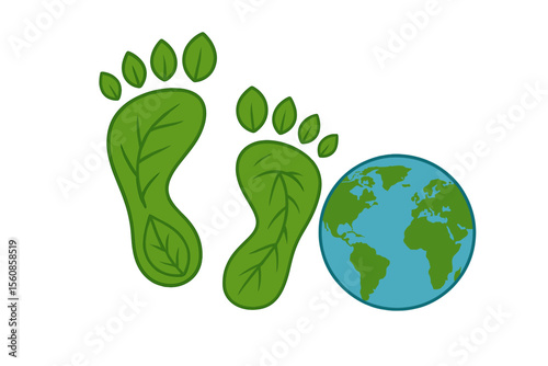 Concept of environmental protection represented by ecological footprints composed of green leaves and a map of planet Earth