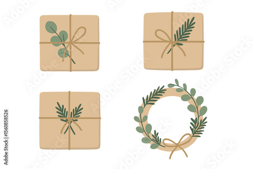 A collection of assorted Christmas gifts wrapped in kraft paper with twine ribbons and wreaths, featuring a rustic gift box and eco-friendly decorations including eucalyptus and spruce, symbolizing