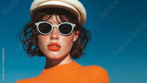 A woman in white sunglasses and a hat, with vibrant orange lips, top, and a clear blue background. A portrait of style