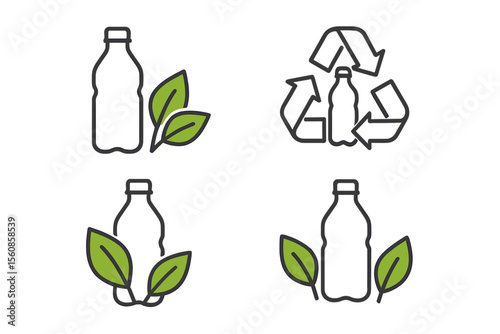 Icon of a plastic bottle for recycling, outlined with green leaves, as part of a set of symbols for designing labels on recyclable products