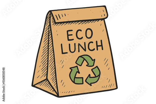 Illustration of a hand drawn eco lunch bag made from textile or paper
