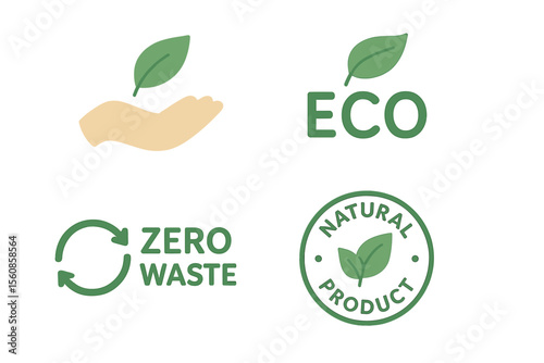 Eco logos set featuring care for nature and the environment, with themes of natural and organic products, zero waste, and symbols like a hand with leaflet, recycling and reuse badge, all in flat