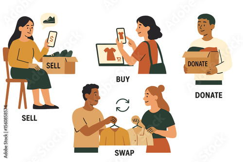 Vector illustration representing the concept of conscious consumption through a sustainable fashion illustration set, where characters engage in selling, buying, and swapping used clothes and shoes