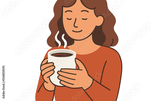 Vector cartoon illustration of a woman holding a coffee mug and drinking hot coffee