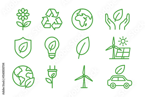 Ecology symbols in linear design format are green, representing environment, sustainability, ecosystem, eco-friendliness, earth, green energy, and isolated environment on a white background as a