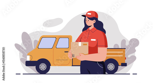 a delivery person in uniform holding a package, standing next to a delivery truck. Suitable for landing page, banner, marketing, web design, presentation, infographic, etc.