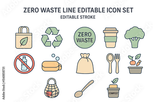 Editable vector illustration of a zero waste line icon set with customizable stroke