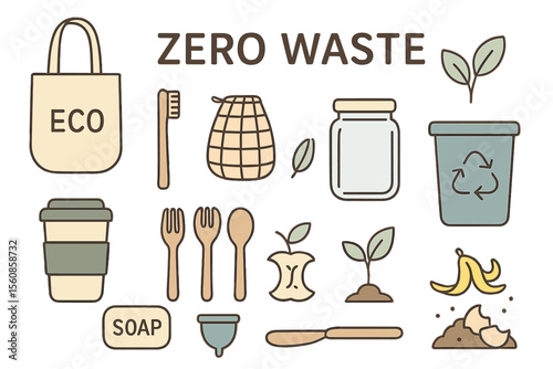 Zero waste concept, a line art collection featuring eco and waste elements