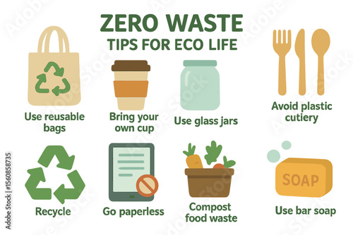 Eco life zero waste tips presented in a flat text style
