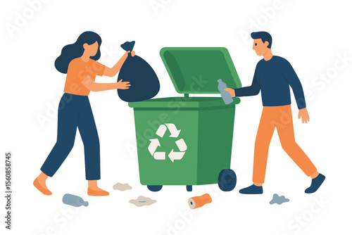 Flat cartoon vector illustration of people characters collecting trash into recycling garbage bin, with a woman and man taking out the garbage, representing the waste pollution problem concept
