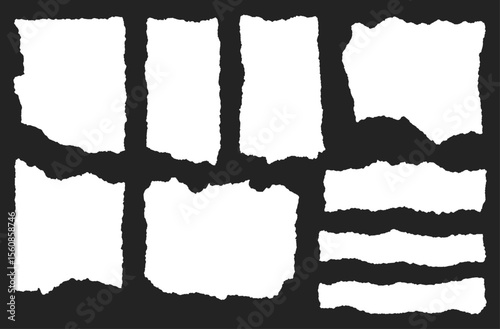 Blank pieces of ripped ragged paper with rough jagged edges. Background scraps of torn white sheets 	
