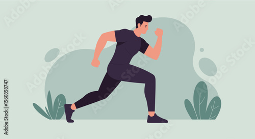 a man in a black outfit running with a determined expression. Suitable for landing page, banner, marketing, web design, presentation, infographic, etc.