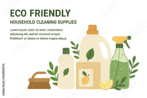 Eco-friendly household cleaning supplies set against a vector background, including natural detergents, for a landing page template promoting green home products and online store advertising