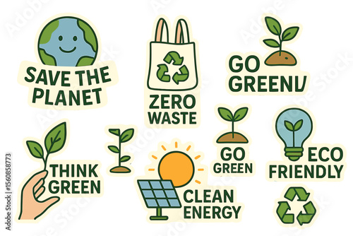 A collection of ecological stickers featuring slogans, along with a set of decorative design elements, presented in a flat cartoon vector illustration style