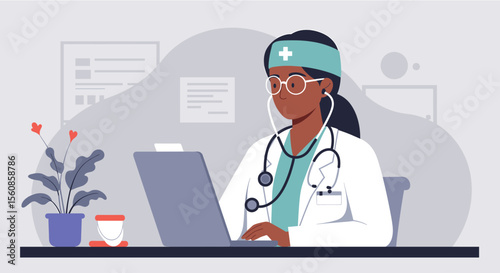 An African American female doctor is working at her desk in a modern office, using a laptop for online medical consultation and data analysis for a presentation.