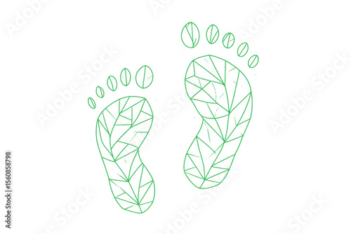 Futuristic glowing low polygonal green ecological footprints composed of leaves set against a dark blue background
