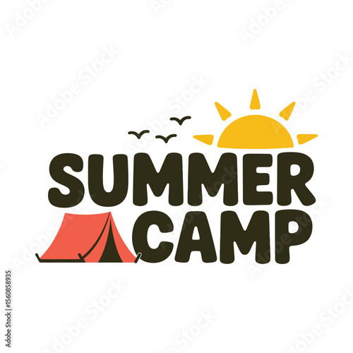 Summer camp illustration design featuring tent sun birds and playful typography