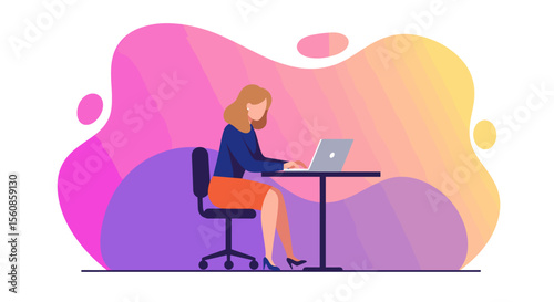 A woman is seated at a desk, working on a laptop, with a colorful abstract background behind her. Suitable for landing page, banner, marketing, web design, presentation, infographic, etc.