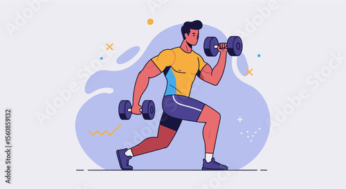 a man in a yellow shirt and blue shorts, actively engaged in weightlifting with dumbbells in his hands. Suitable for landing page, banner, marketing, web design, presentation, infographic, etc.