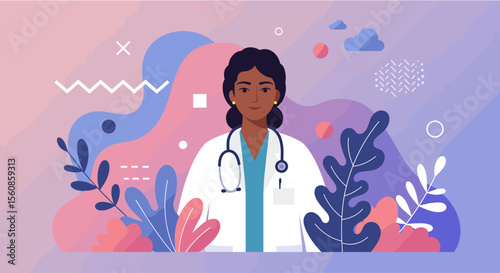 Modern flat design illustration of a female doctor with a stethoscope, surrounded by abstract shapes and foliage for web or presentation.
