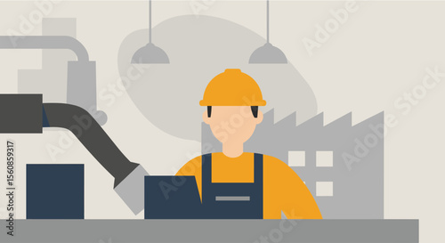 An industrial worker in a hard hat is shown in a modern flat design illustration, overseeing a streamlined production line within a factory setting.