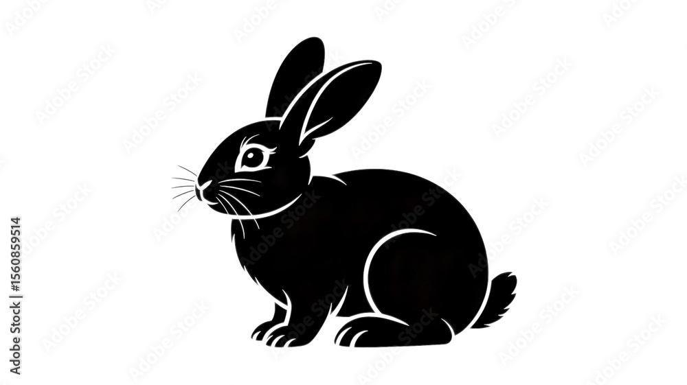 Obraz premium A black and white silhouette illustration of a sitting rabbit against a white background