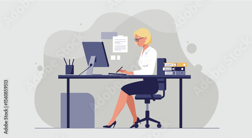A blonde businesswoman working on a computer at her desk, in a flat design illustration, ideal for marketing materials, web design projects, or presentations, showcasing modern office concepts.