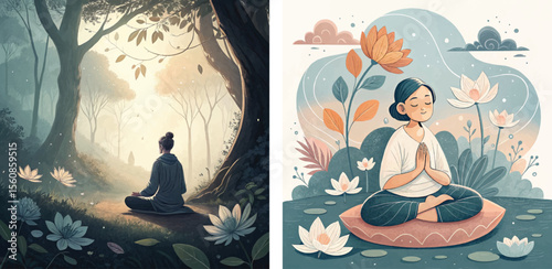 Woman in the forest and by the pond meditating on a cushion