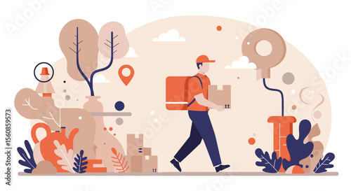 A delivery man in a cap with a box walks through a fanciful landscape, suitable for a website landing page or marketing presentation with a flat design style.