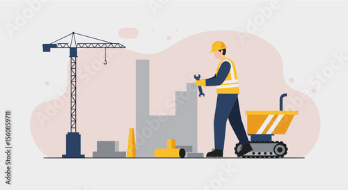 a construction worker in a hard hat and safety vest, actively engaged in a construction site. Suitable for landing page, banner, marketing, web design, presentation, infographic, etc.