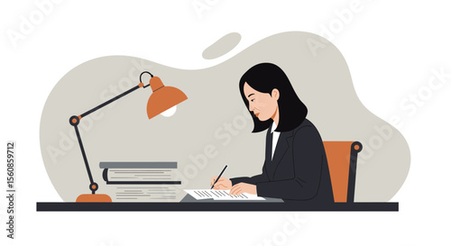 a woman seated at a desk, engrossed in writing on a piece of paper, with a lamp illuminating her workspace. Suitable for landing page, banner, marketing, web design, presentation, infographic, etc.