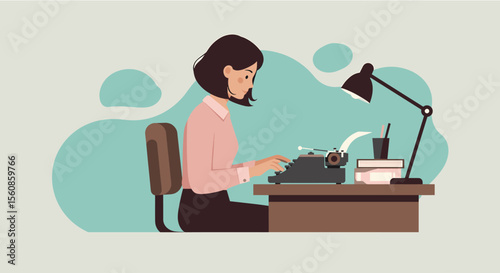 A woman is seated at a desk, typing on a typewriter with a lamp providing light to her workspace. Suitable for landing page, banner, marketing, web design, presentation, infographic, etc.