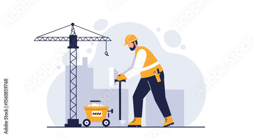 A modern flat design illustration depicts a construction worker utilizing advanced robotic technology on an urban building site with a large crane.