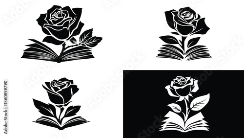 Set of black and white rose and book graphical vector emblems