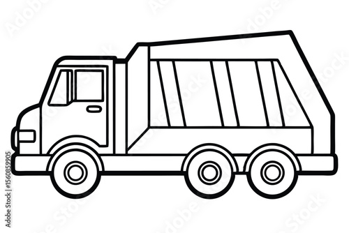 Line Art Illustration Simple Garbage Truck with Three Wheels and Detailed Cab