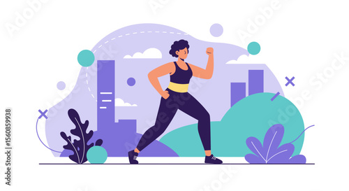 a woman in athletic attire jogging in a park with a city skyline in the background. Suitable for landing page, banner, marketing, web design, presentation, infographic, etc.