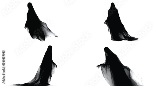 Set of four black shrouded figures against a white background