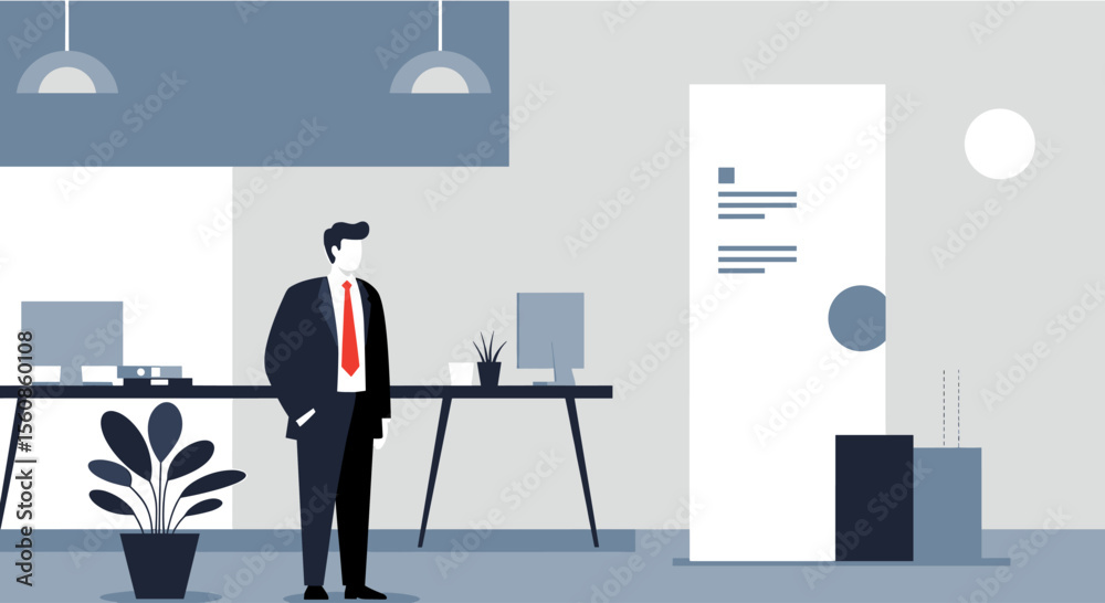 Obraz premium a minimalist office scene with a man in a suit standing in front of a desk, flanked by two potted plants. Suitable for landing page, banner, marketing, web design, presentation, infographic, etc.