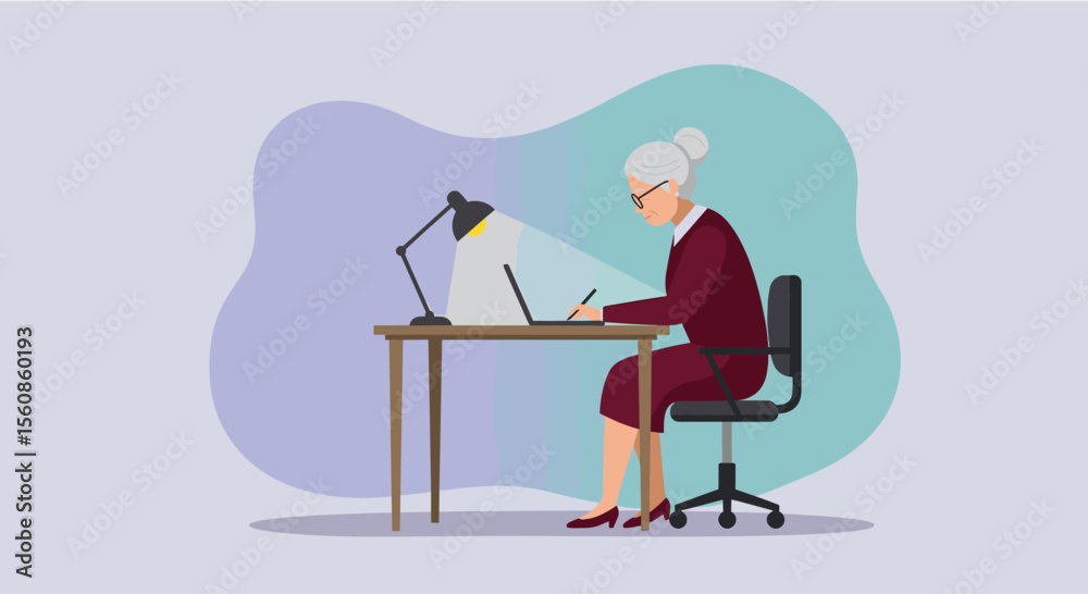 Elderly businesswoman working diligently on a laptop at her desk, illuminated by a desk lamp, in a modern office setting. Elderly businesswoman working diligently on a laptop at her desk, illuminated by a desk lamp, in a modern office setting.